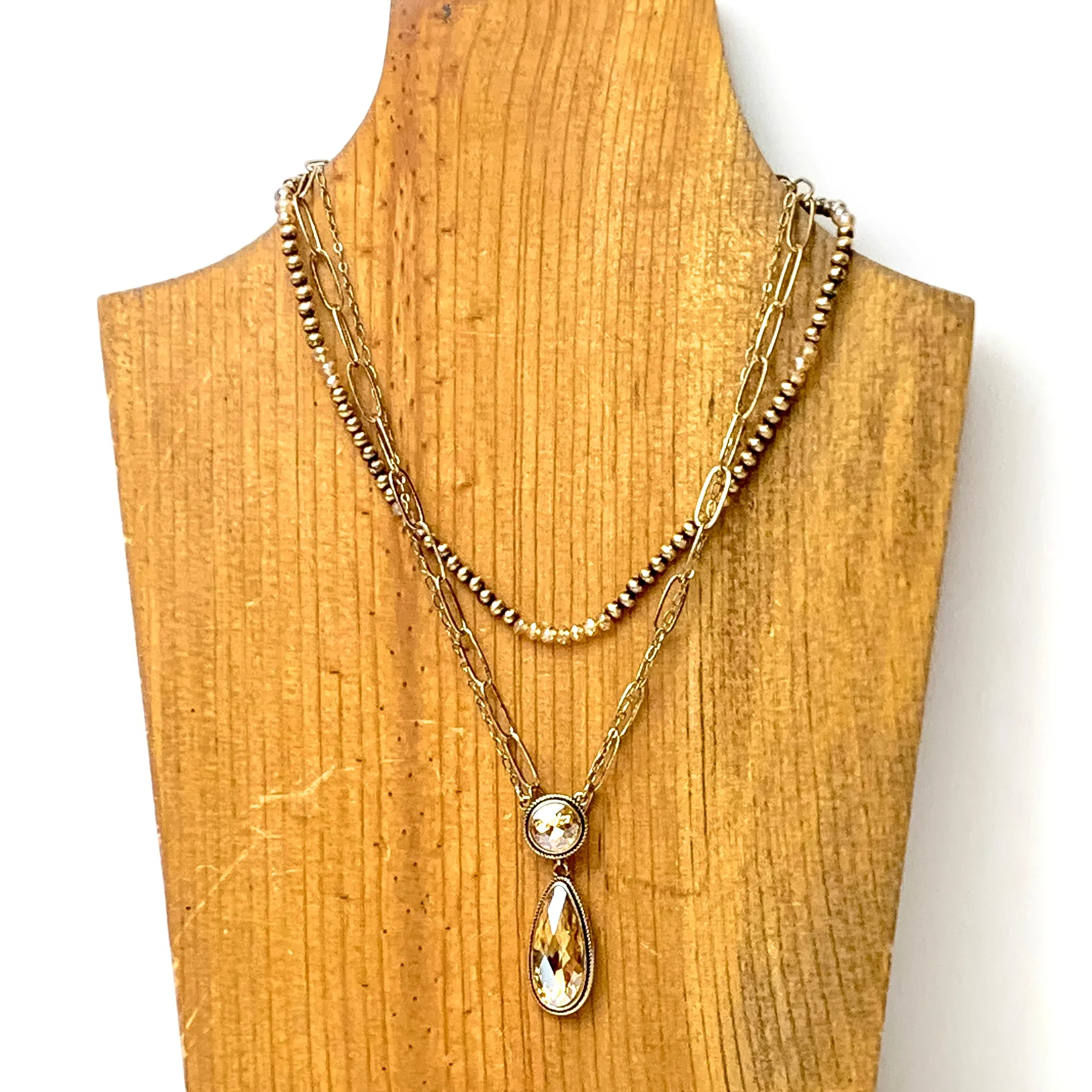 Three Row Faux Navajo Pearl Chain Necklace with Champagne Crystal Pendants in Gold Tone