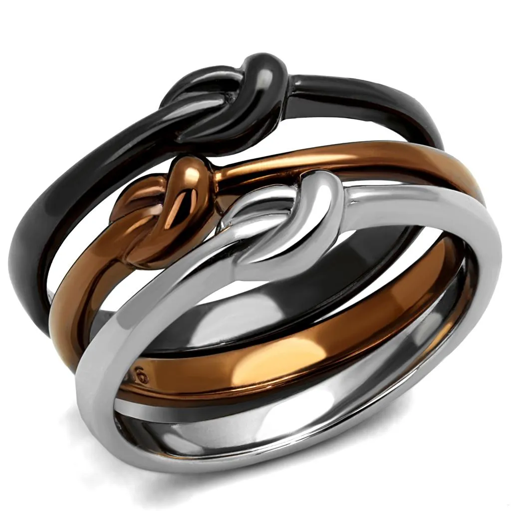 Three Tone IPï¼ˆIP Light Coffee & IP Light Black & High Polished) Stainless Steel Ring with No Stone for Women Style TK2648