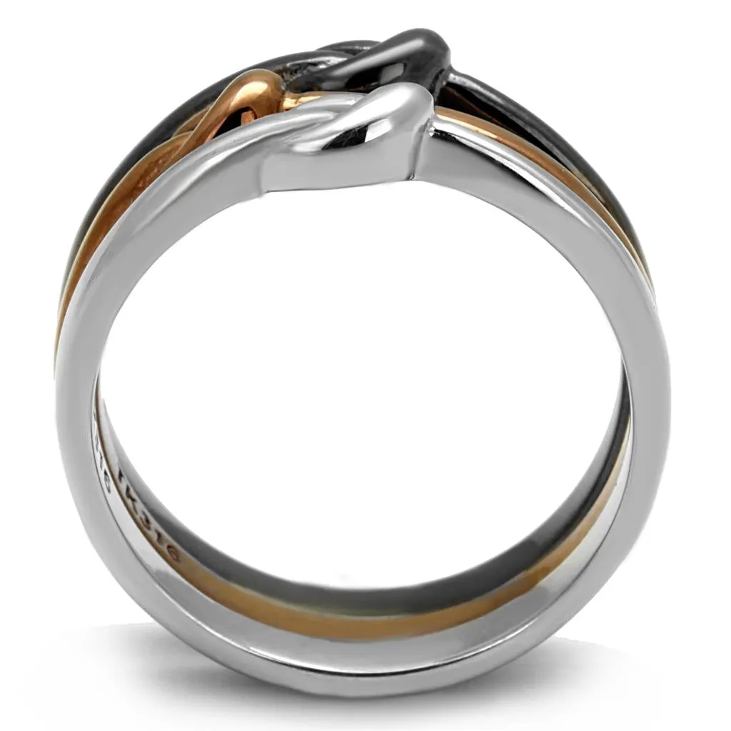 Three Tone IPï¼ˆIP Light Coffee & IP Light Black & High Polished) Stainless Steel Ring with No Stone for Women Style TK2648