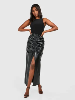 Trend4us Women’s High-Waisted Ruched Faux Leather Slit Skirt