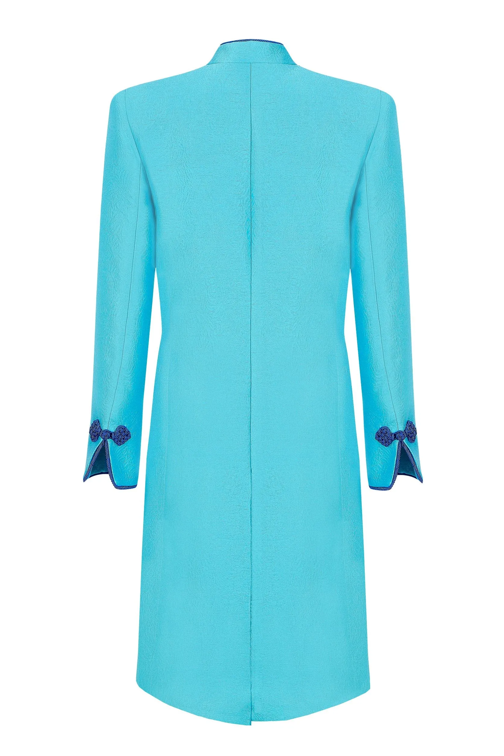 Turquoise Dress Coat in Summer Brocade with Cord Trim and Frogging  - Vicky