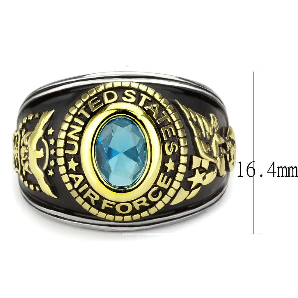 Two-Tone IP Gold (Ion Plating) Stainless Steel Ring with Synthetic Synthetic Glass in Sea Blue for Women Style TK3725