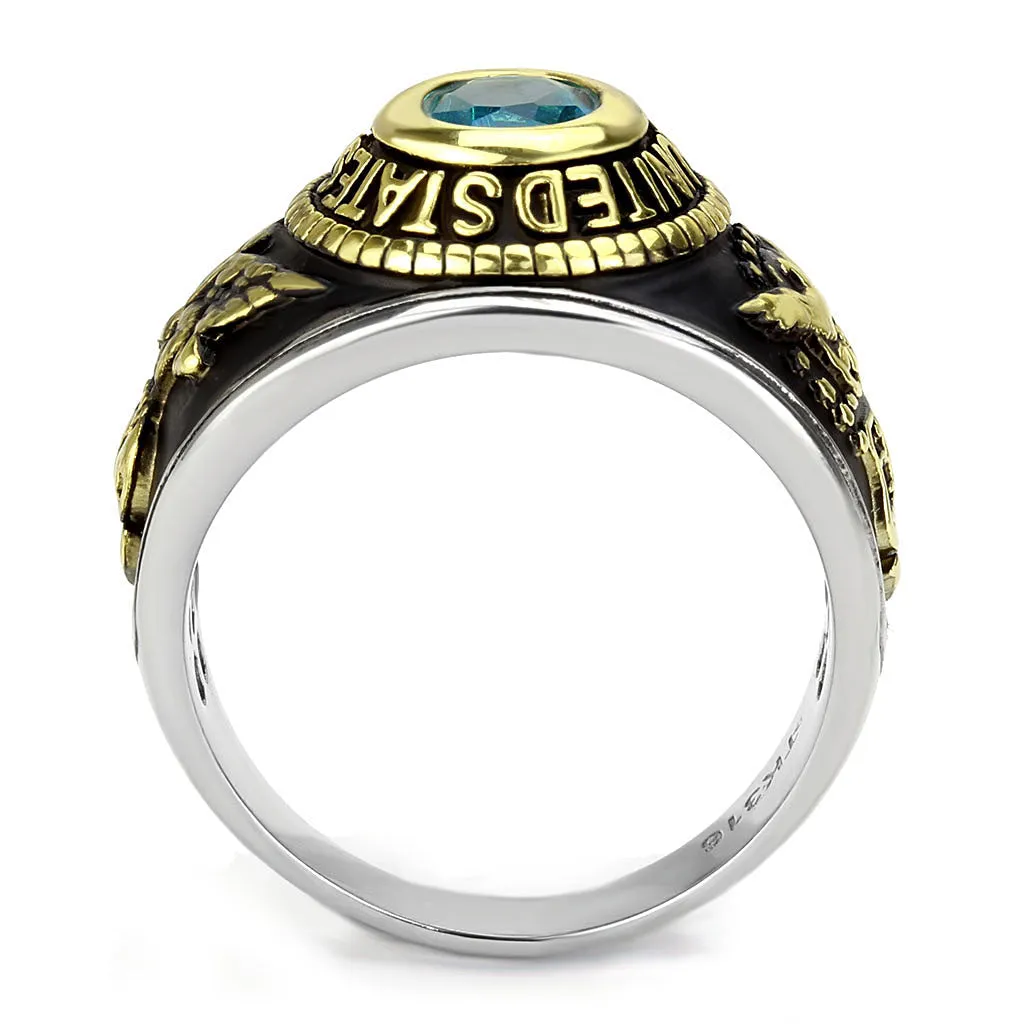 Two-Tone IP Gold (Ion Plating) Stainless Steel Ring with Synthetic Synthetic Glass in Sea Blue for Women Style TK3725