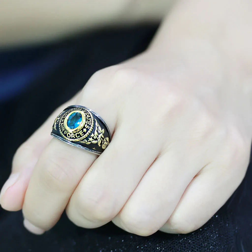 Two-Tone IP Gold (Ion Plating) Stainless Steel Ring with Synthetic Synthetic Glass in Sea Blue for Women Style TK3725