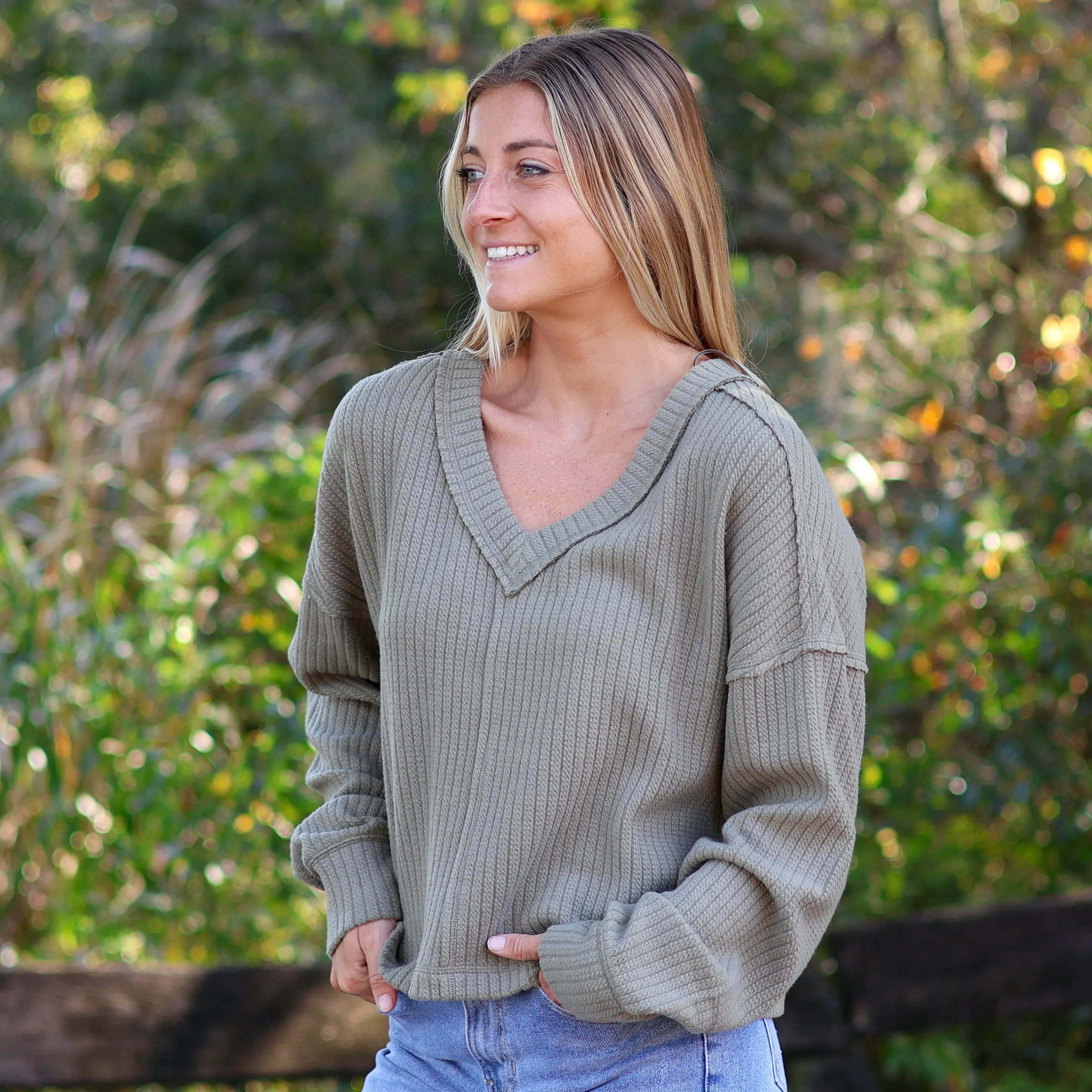 V-Neck Ribbed Cut Sew Sweater