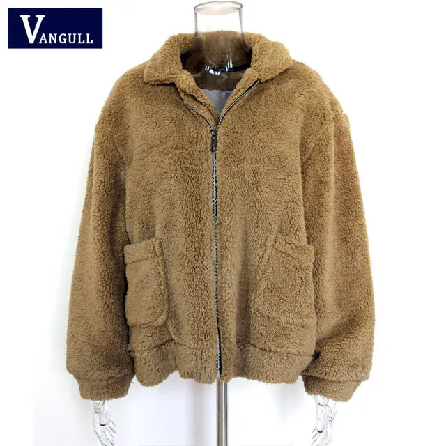 Vangull Faux Fur Warm Winter Coat Plus Size S-2XL Women Fashion Fluffy Shaggy Cardigan Bomber Jacket Lady Coats Zipper Outwear