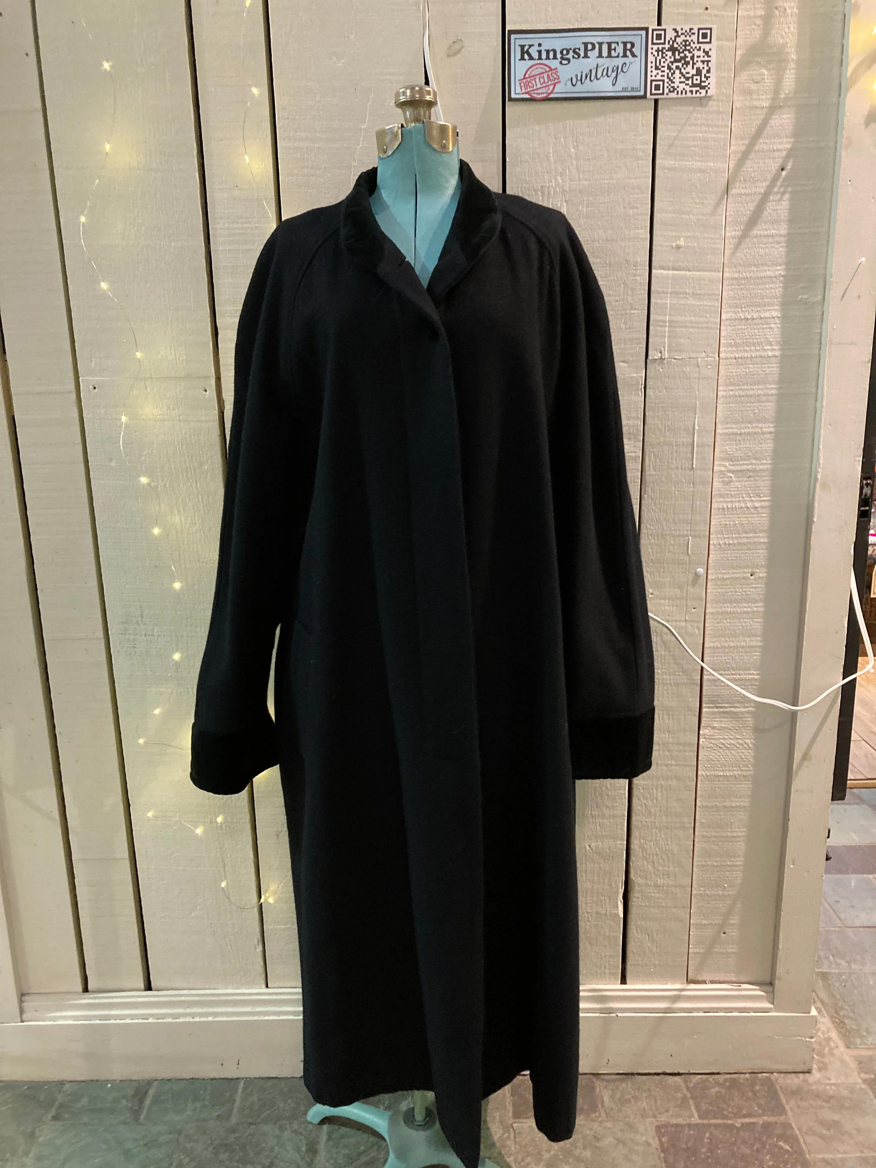 Vintage CBO New York Long Black Wool Blend Coat with Velvet Trim, Made in USA, Chest 60”