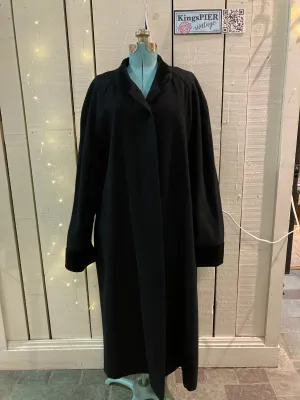 Vintage CBO New York Long Black Wool Blend Coat with Velvet Trim, Made in USA, Chest 60”