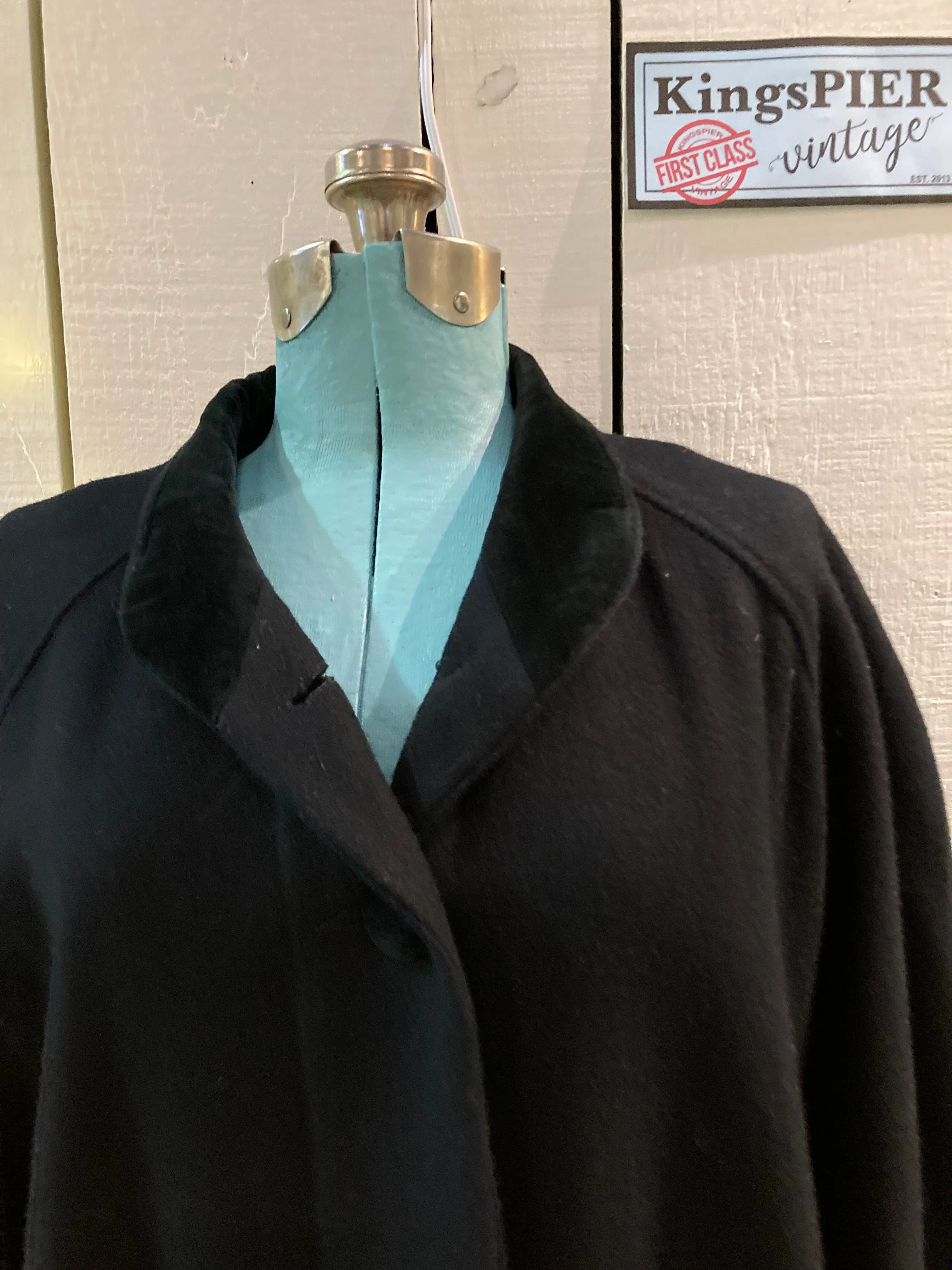 Vintage CBO New York Long Black Wool Blend Coat with Velvet Trim, Made in USA, Chest 60”