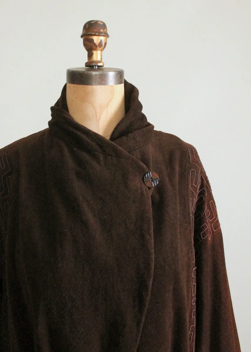 Vintage Early 1920s Brown Wool Velour Coat with Soutache Trim