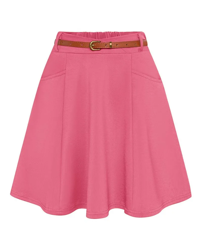 Vintage Mini-Skirt with Belt Elastic Waist Mid-Thigh A-Line Skirt