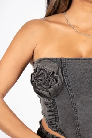 Washed Black Rose Denim Stretch Corset