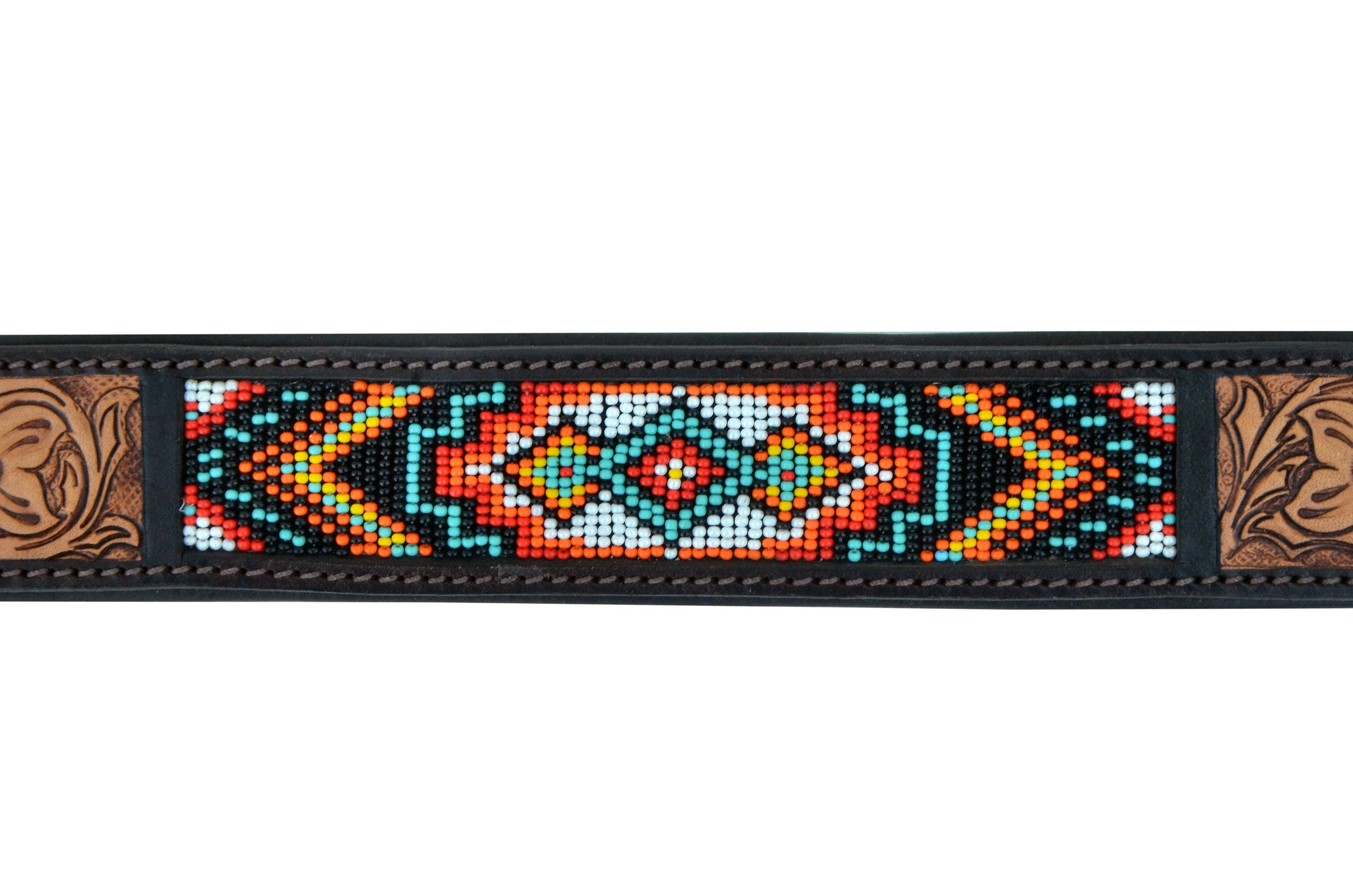 Western Style Beaded and Tooled Leather Dog Collar With Padded Soft Lining 10AB002