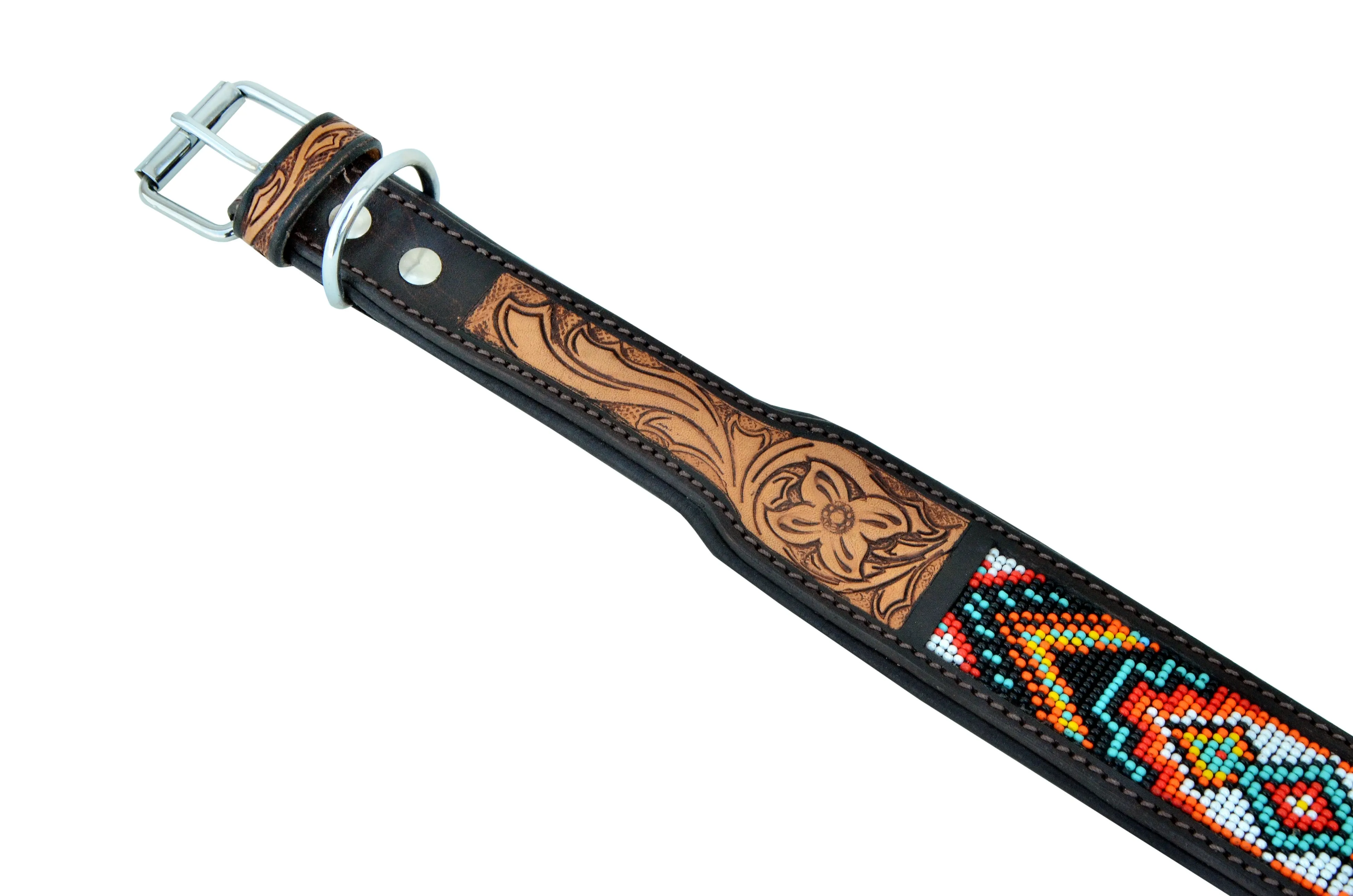 Western Style Beaded and Tooled Leather Dog Collar With Padded Soft Lining 10AB002