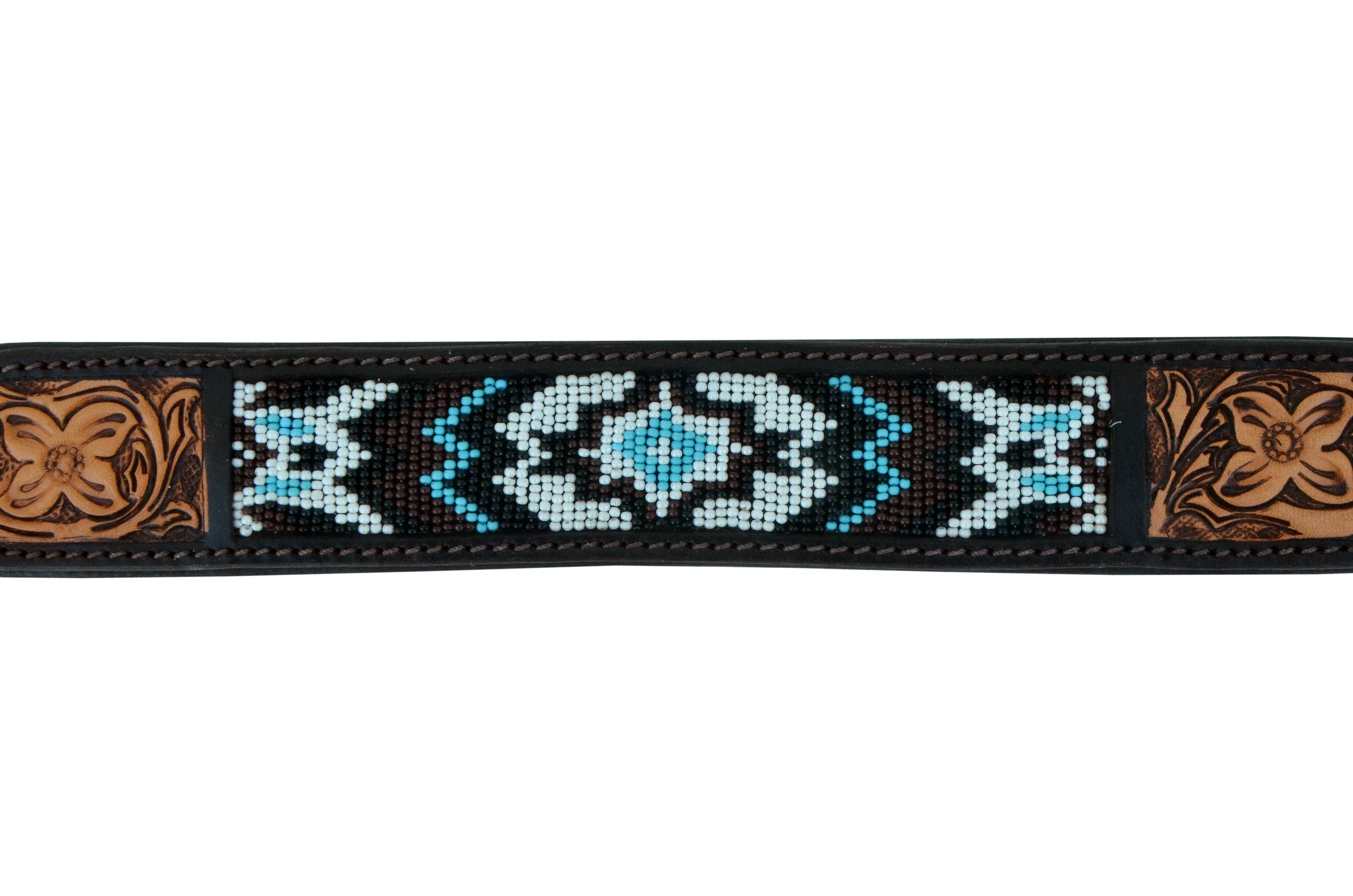 Western Style Beaded and Tooled Leather Dog Collar With Padded Soft Lining 10AB015