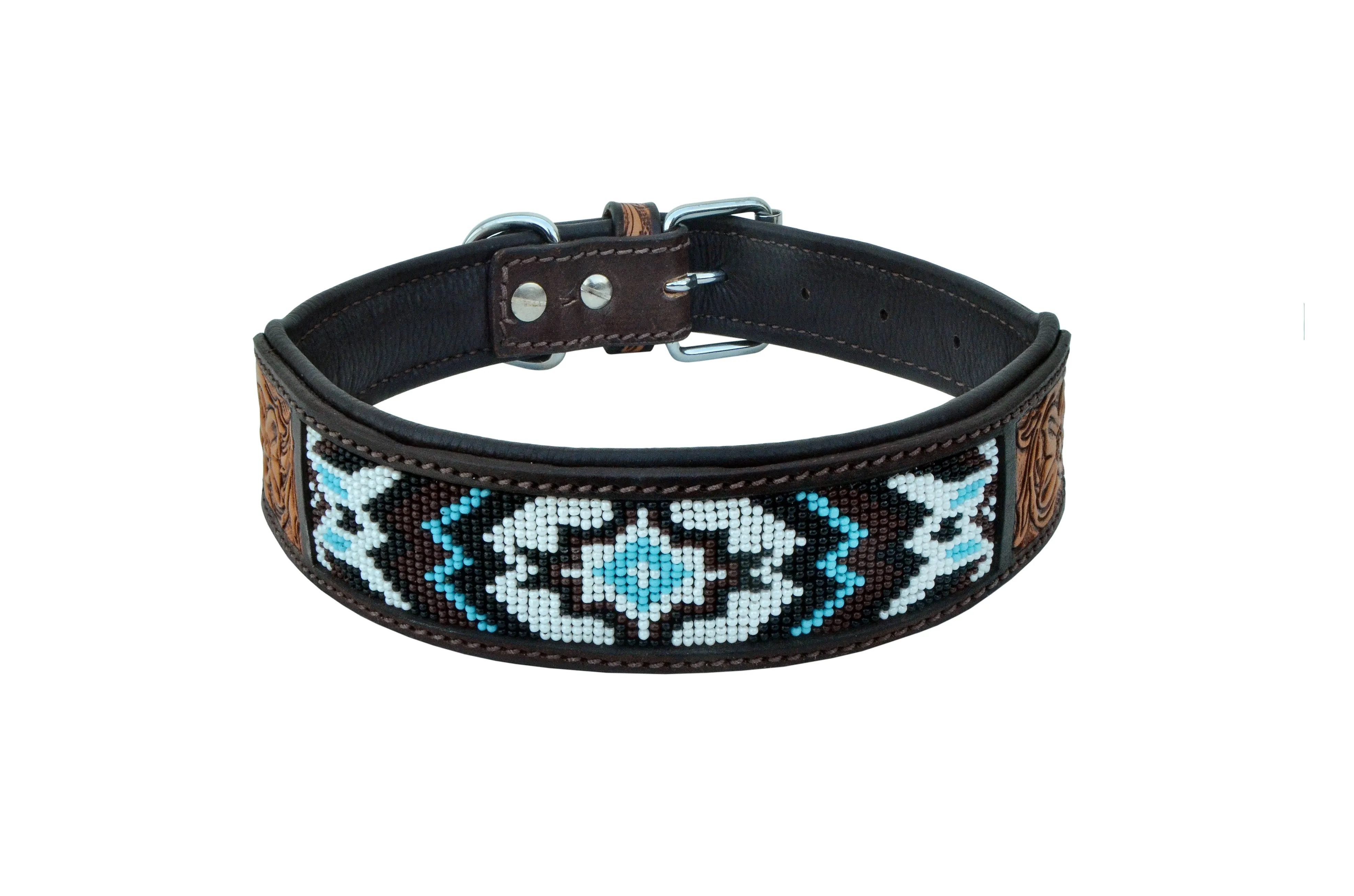 Western Style Beaded and Tooled Leather Dog Collar With Padded Soft Lining 10AB015