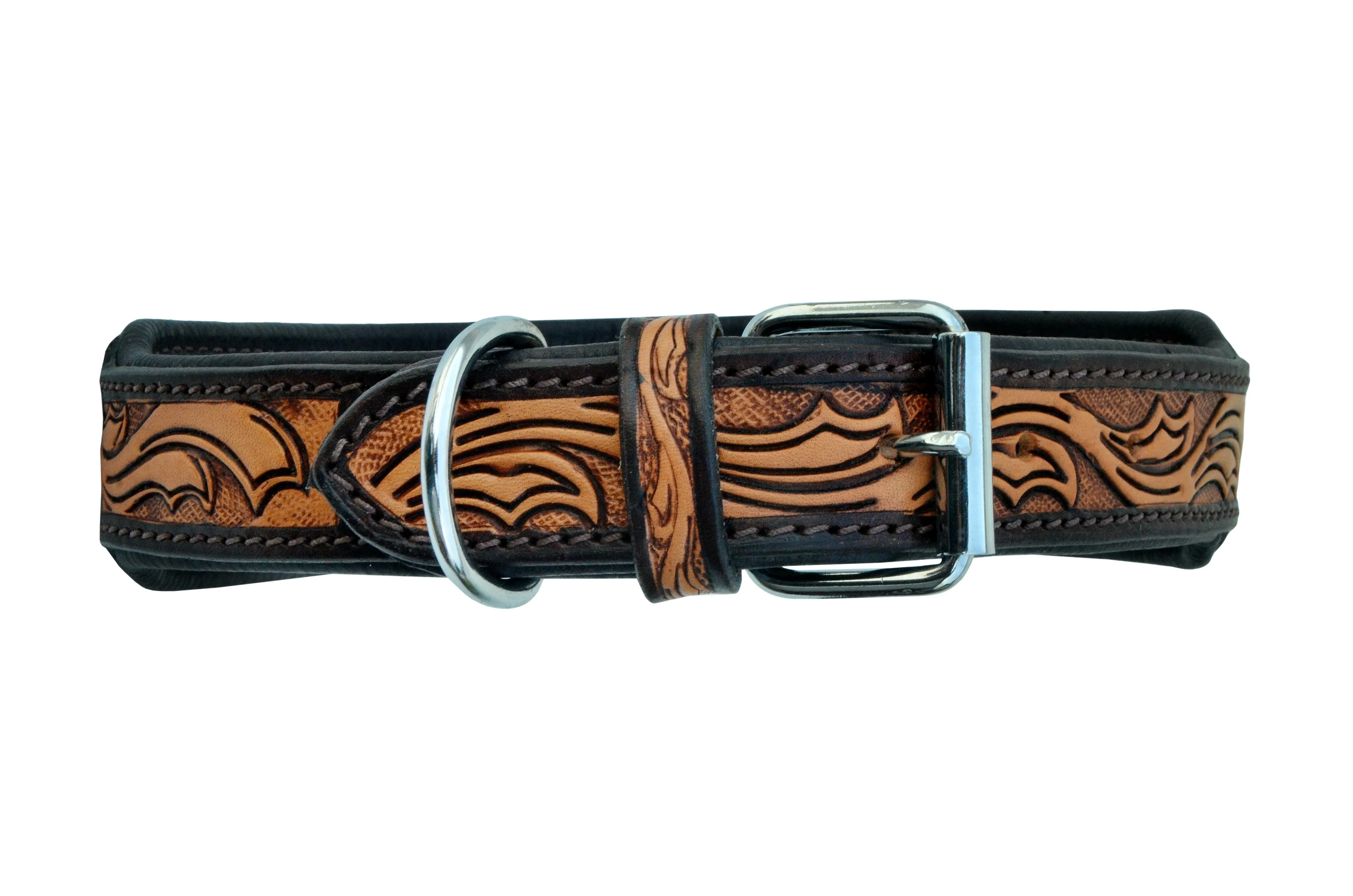 Western Style Beaded and Tooled Leather Dog Collar With Padded Soft Lining 10AB015