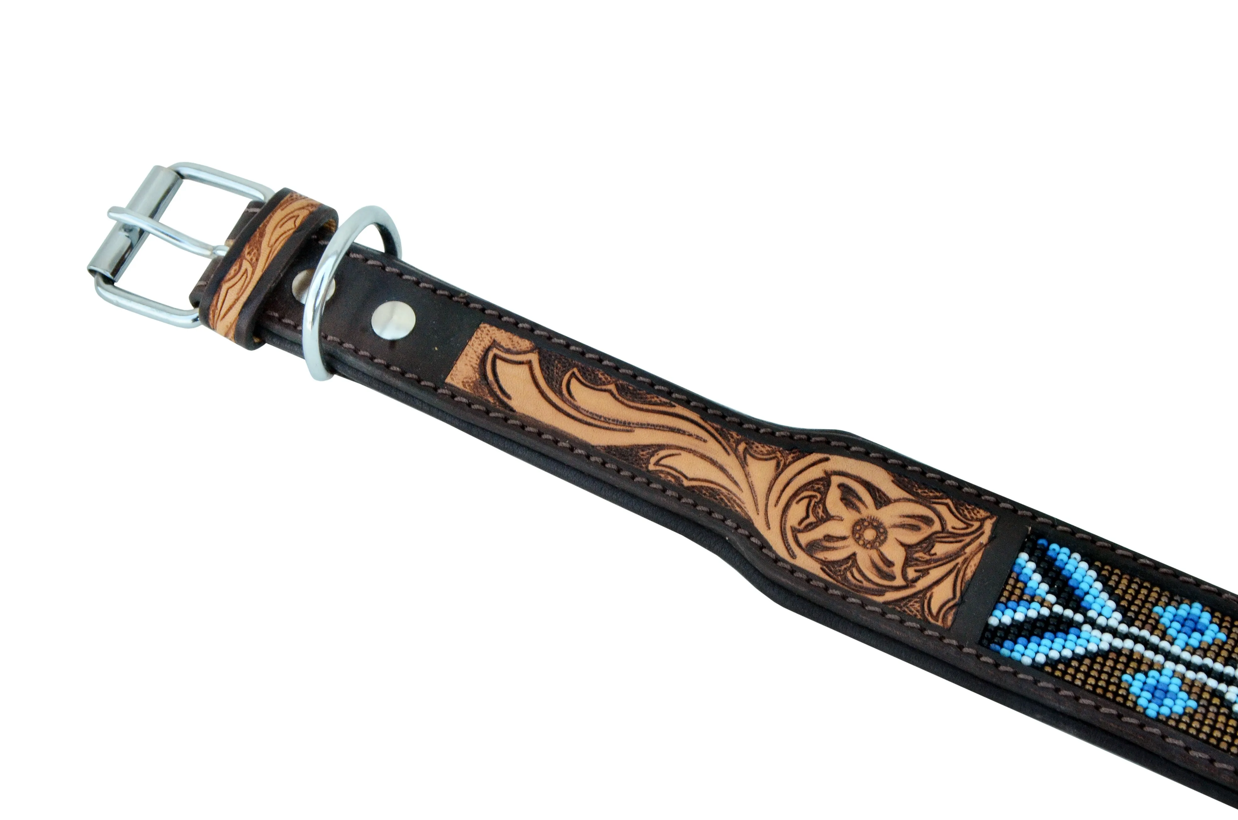 Western Style Beaded and Tooled Leather Dog Collar With Padded Soft Lining 10AB017