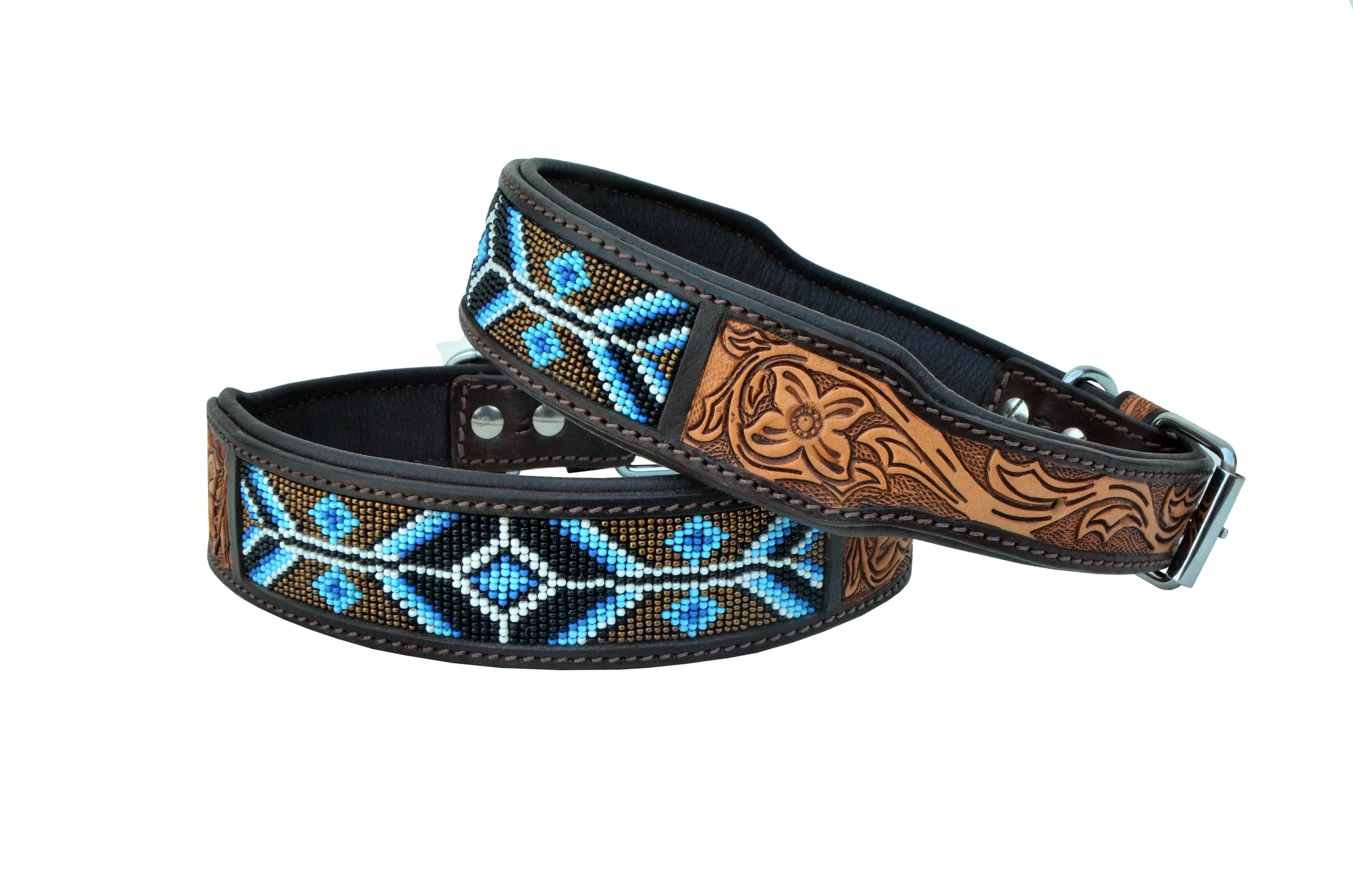 Western Style Beaded and Tooled Leather Dog Collar With Padded Soft Lining 10AB017