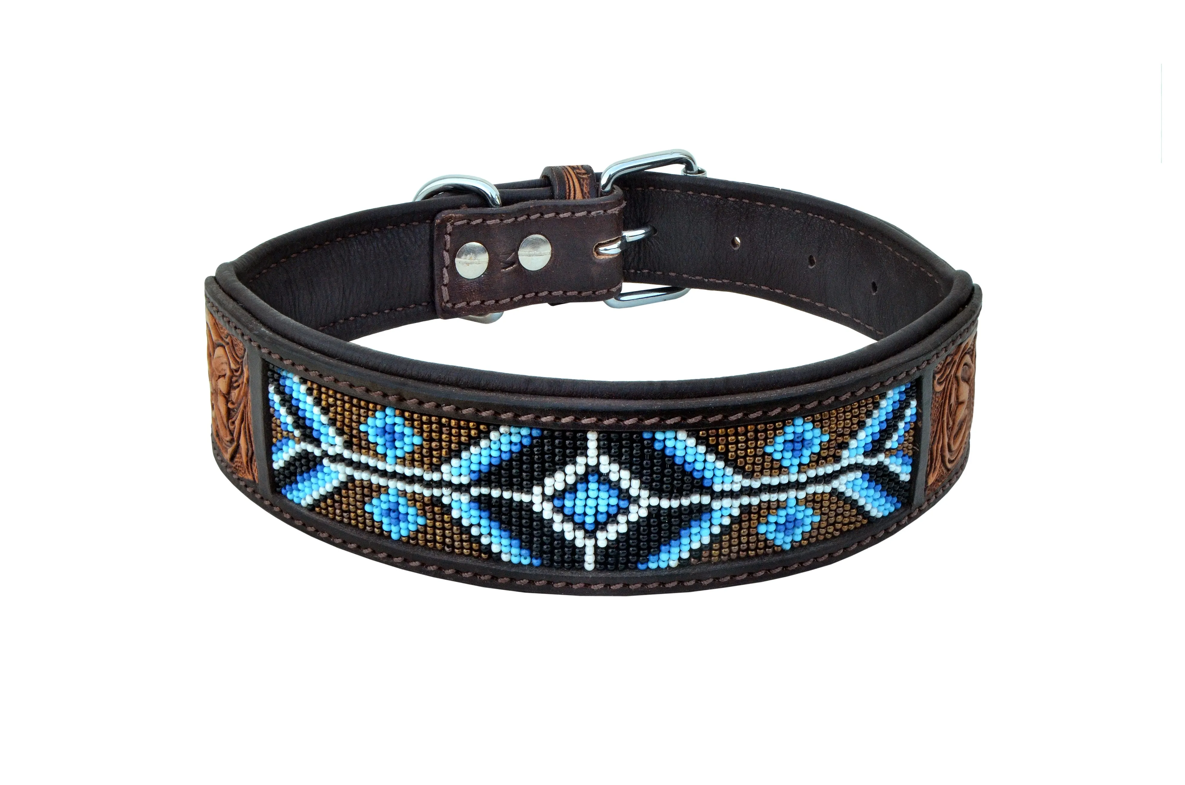 Western Style Beaded and Tooled Leather Dog Collar With Padded Soft Lining 10AB017