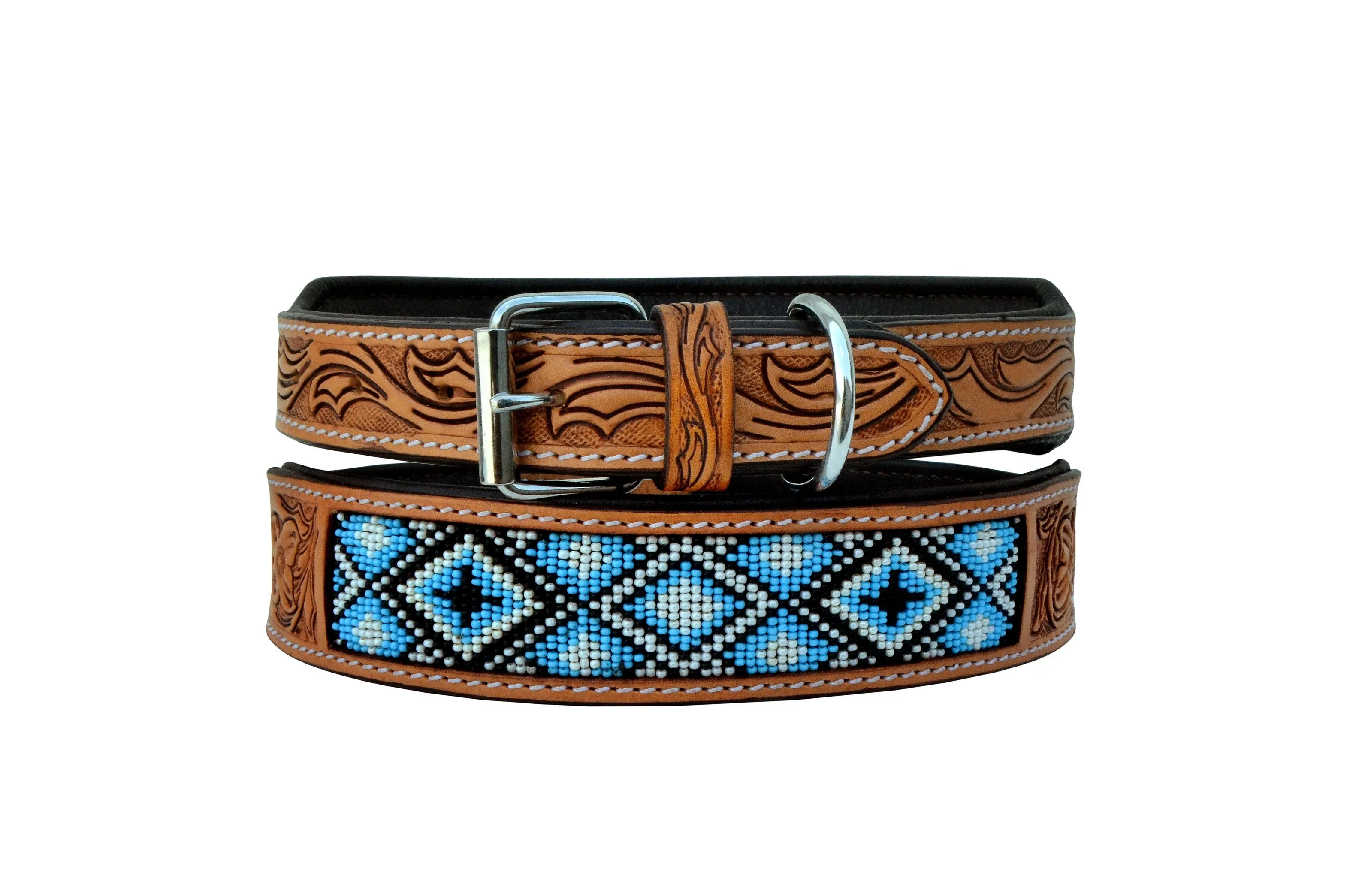 Western Style Beaded and Tooled Leather Dog Collar With Padded Soft Lining 10AB020