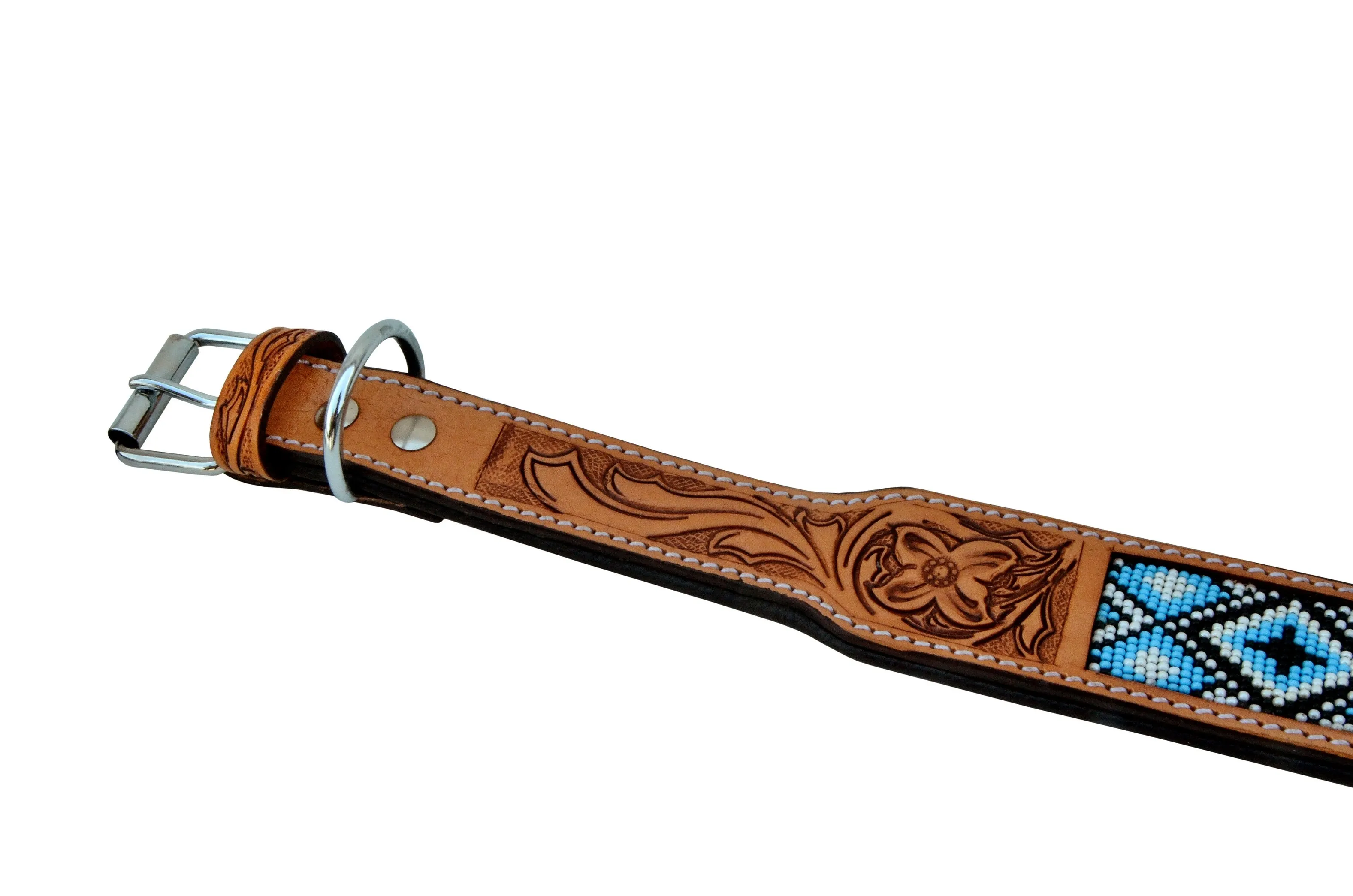 Western Style Beaded and Tooled Leather Dog Collar With Padded Soft Lining 10AB020