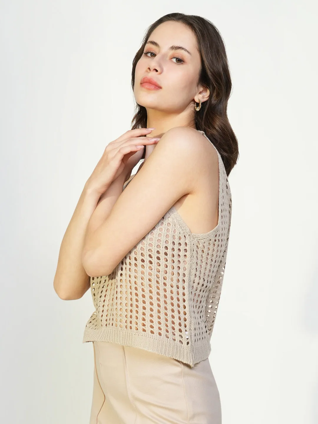 Women Beige Solid Crochet Crop Top with Shrug