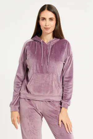 Women Mauve Velvet Hooded Sweat Shirt