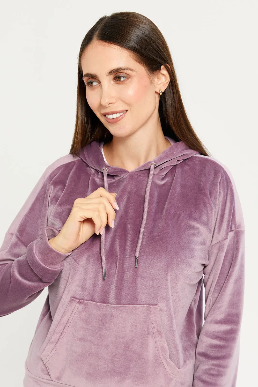 Women Mauve Velvet Hooded Sweat Shirt