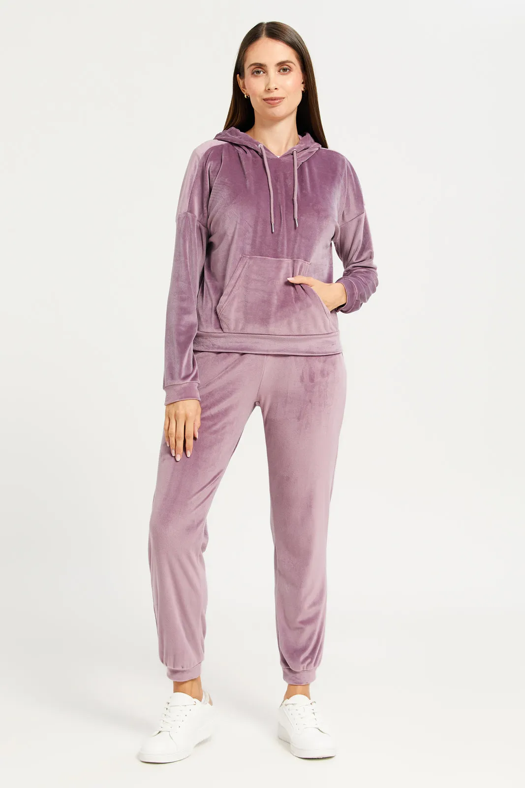 Women Mauve Velvet Hooded Sweat Shirt