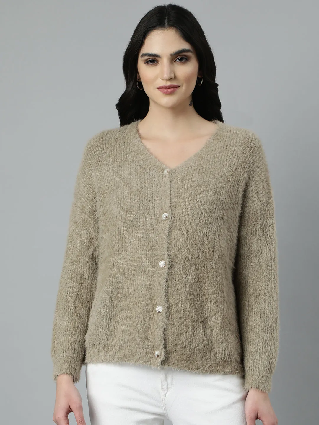 Women Solid Beige Cardigan