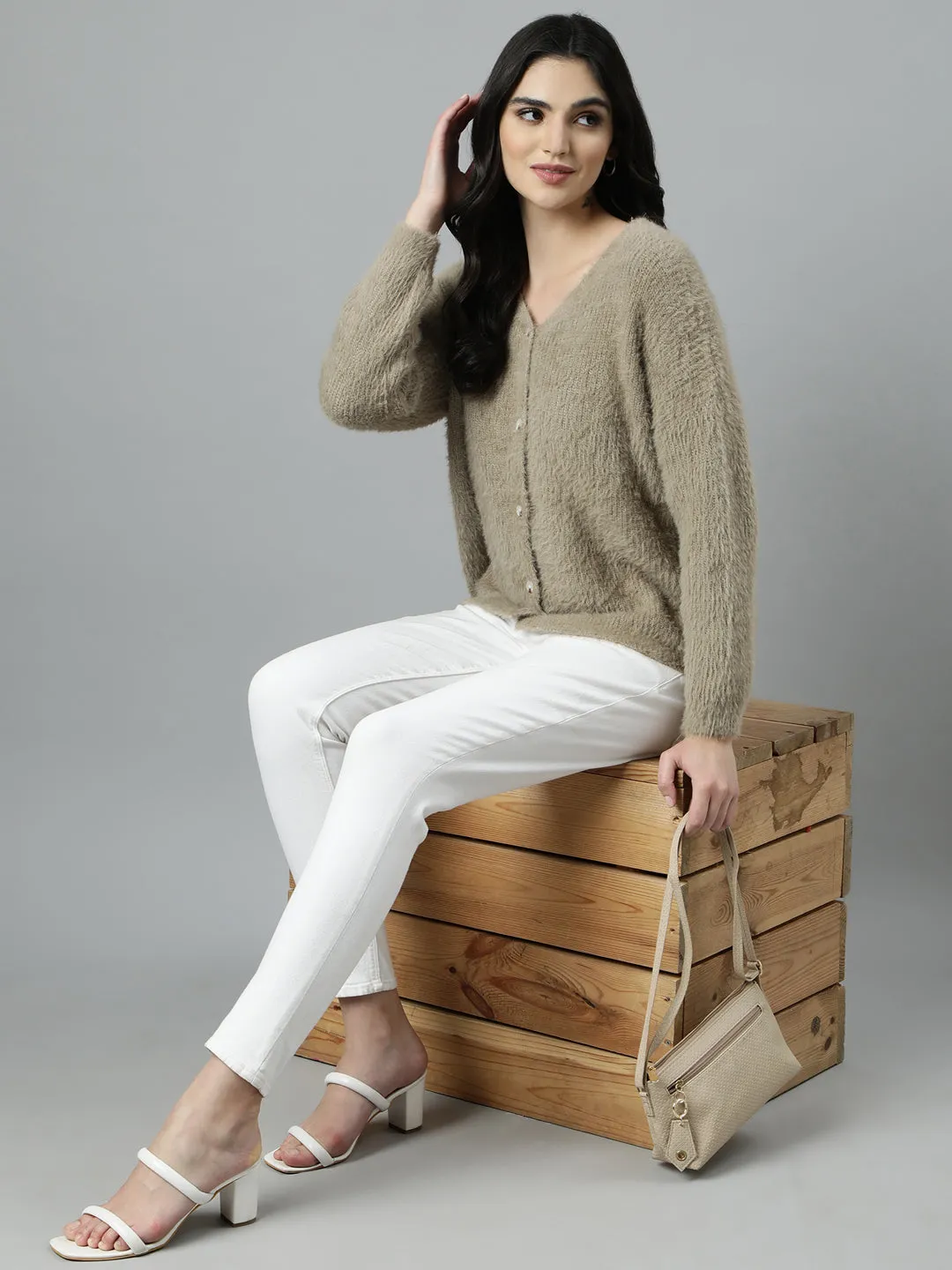 Women Solid Beige Cardigan