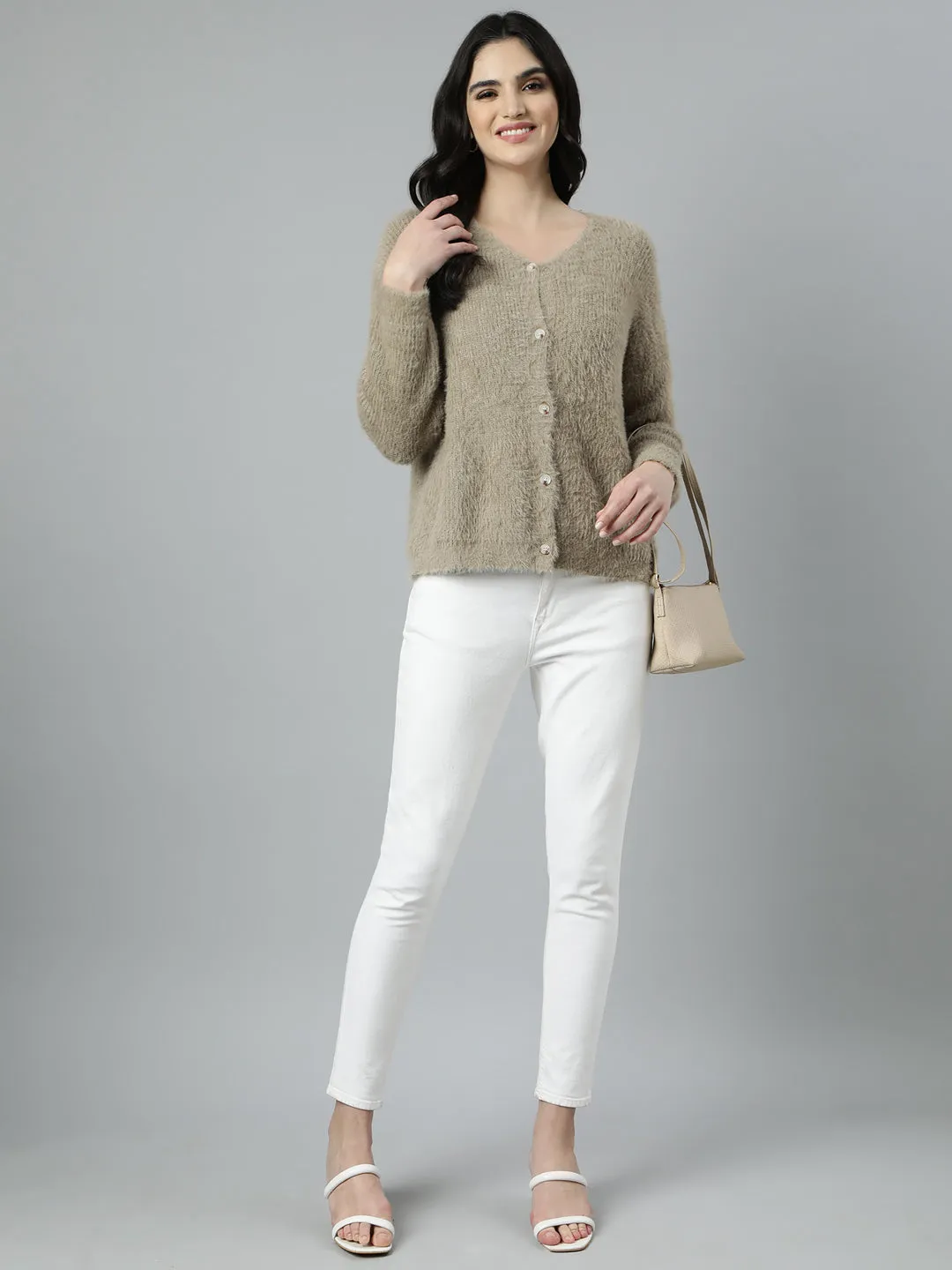 Women Solid Beige Cardigan