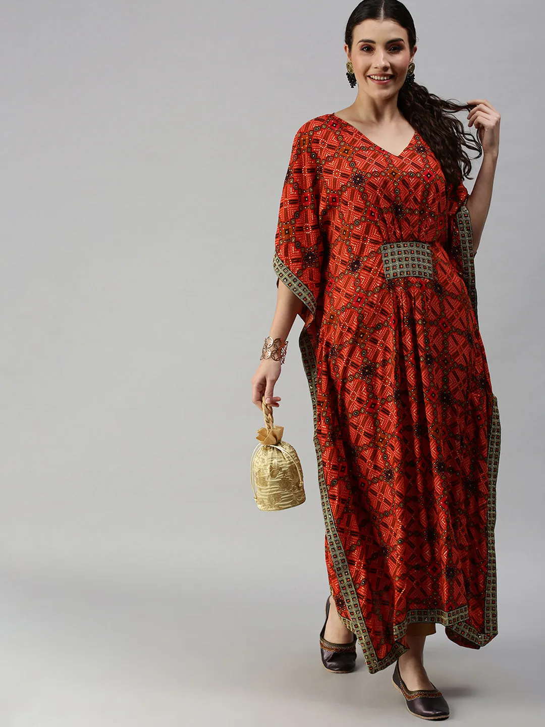 Women V-Neck Printed Orange Kaftan Kurta