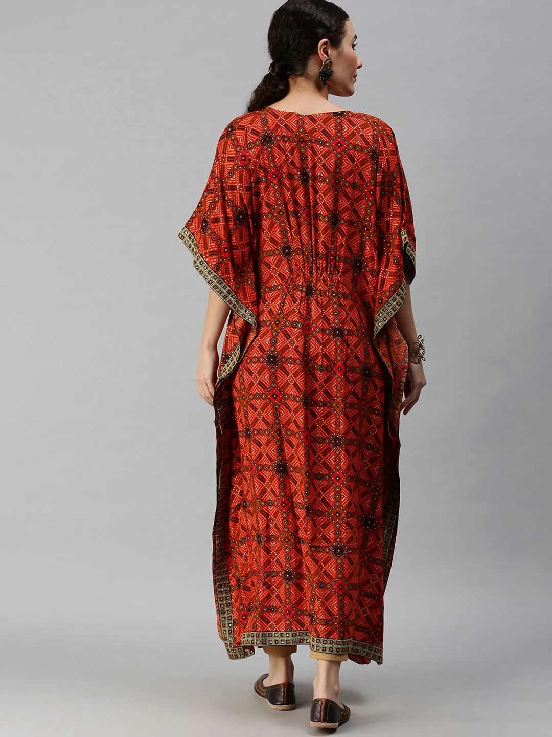 Women V-Neck Printed Orange Kaftan Kurta