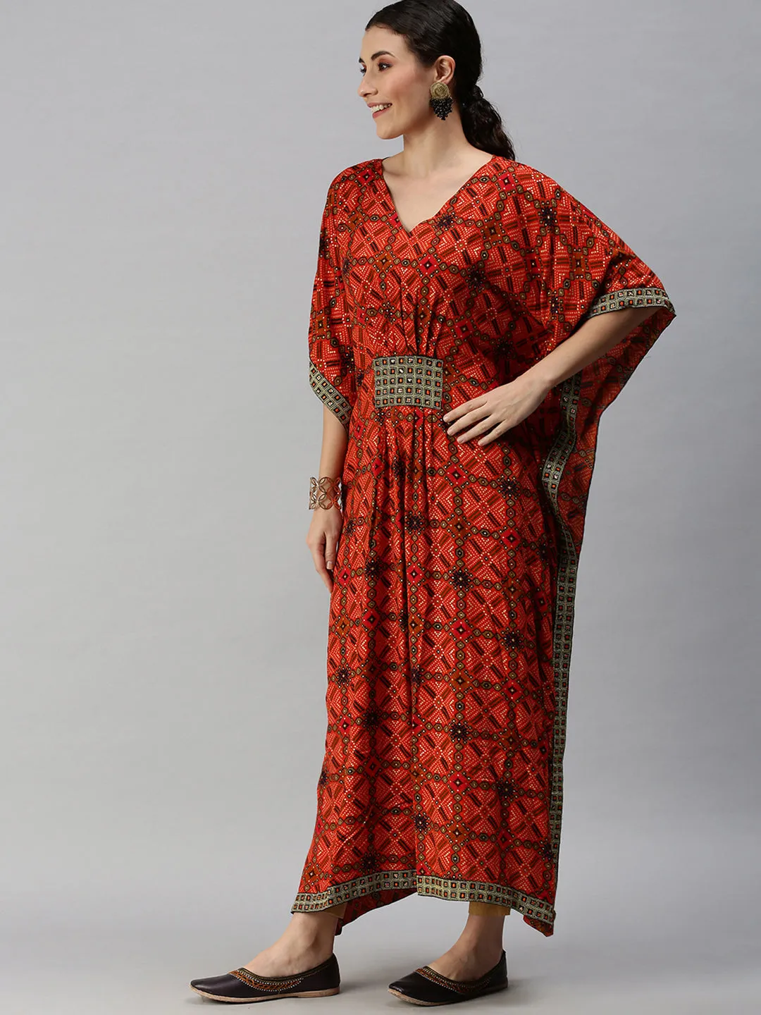 Women V-Neck Printed Orange Kaftan Kurta