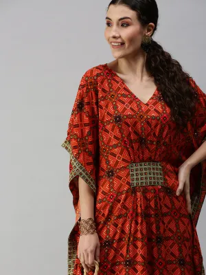 Women V-Neck Printed Orange Kaftan Kurta