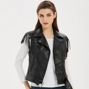 Women’s Black Genuine Sheepskin Vest Tassels Sleeveless Sporty Moto Rider Mid-Western Slim Fit Fringe Leather Waistcoat