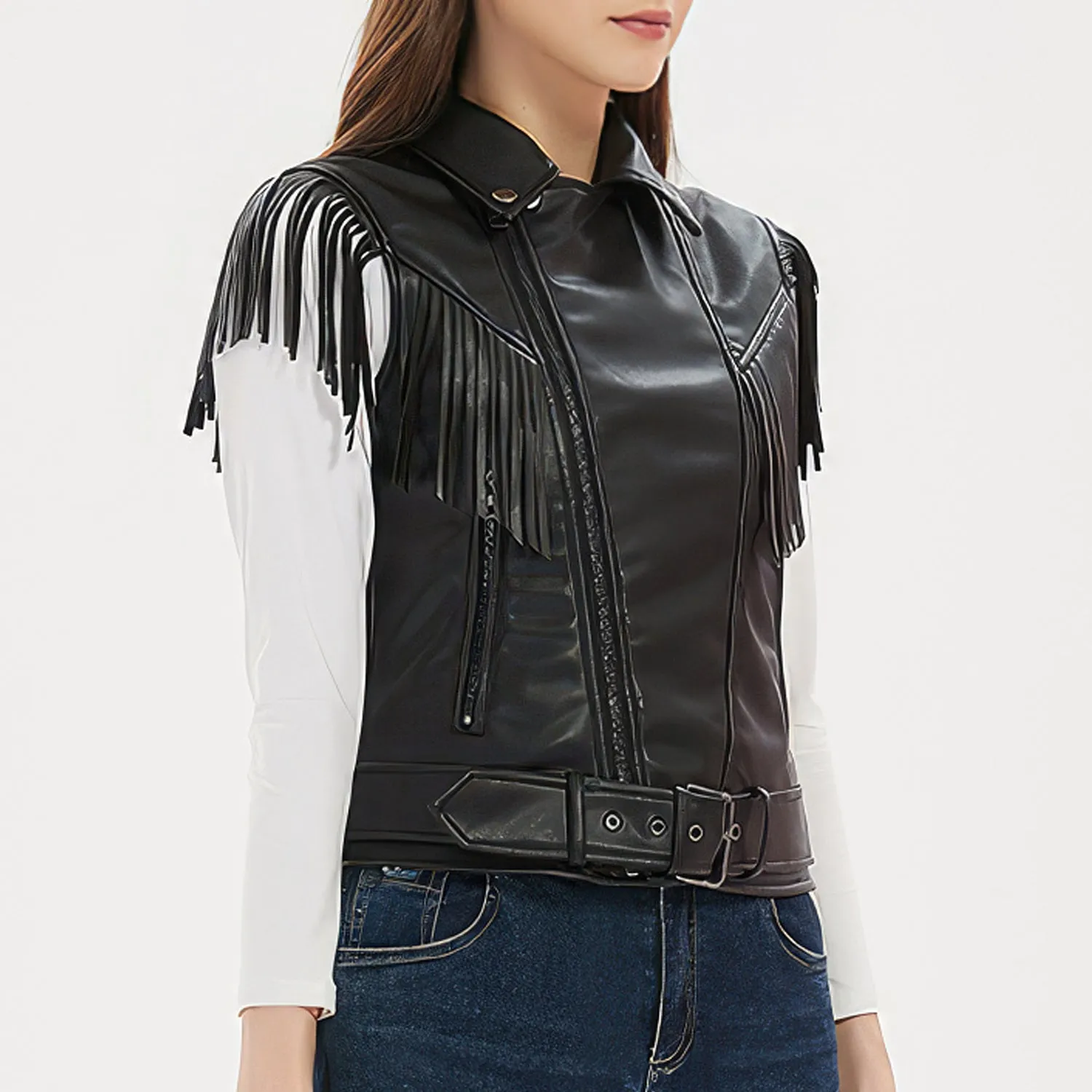 Women’s Black Genuine Sheepskin Vest Tassels Sleeveless Sporty Moto Rider Mid-Western Slim Fit Fringe Leather Waistcoat