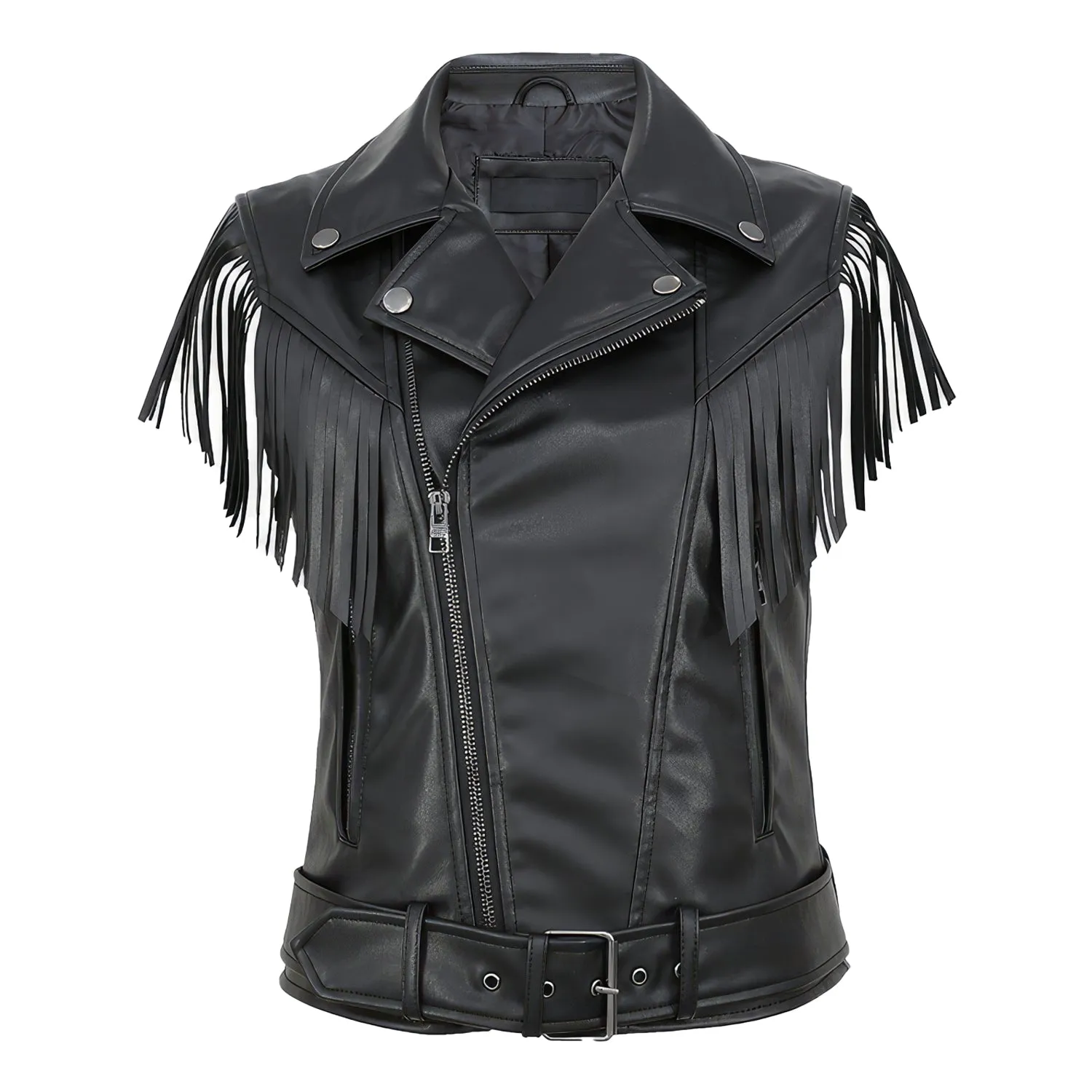 Women’s Black Genuine Sheepskin Vest Tassels Sleeveless Sporty Moto Rider Mid-Western Slim Fit Fringe Leather Waistcoat