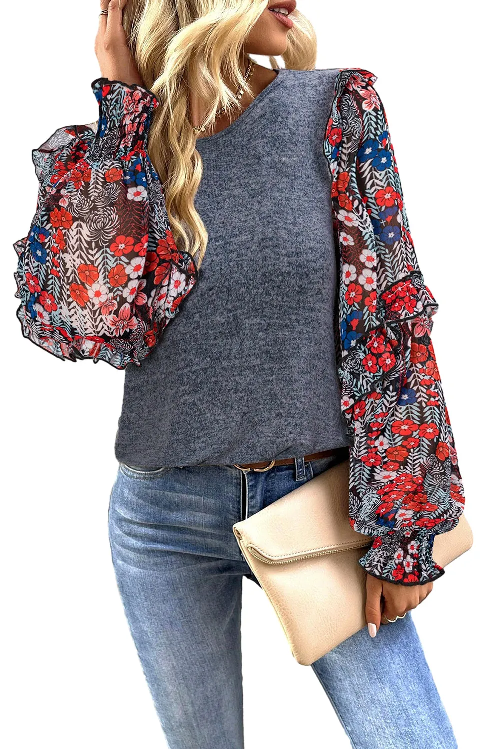 Womens Blue Ruffle Tiered Floral Sleeve Crew Neck Blouse