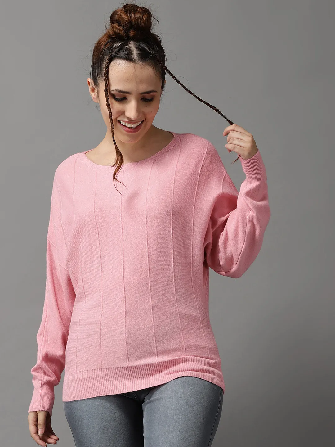 Women's Pink Solid Pullover Sweater