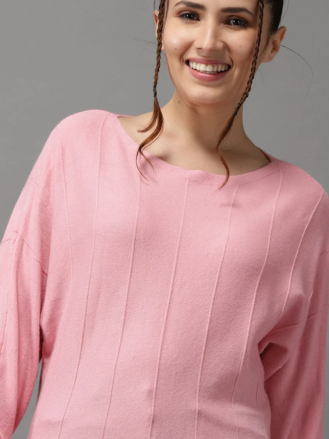 Women's Pink Solid Pullover Sweater