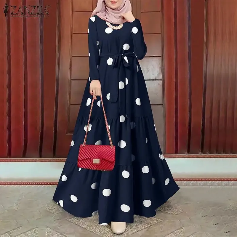 Women's Vintage Polka Dot Abaya Dress - Modest Maxi Hijab Sundress | Dubai Turkey Islamic Clothing