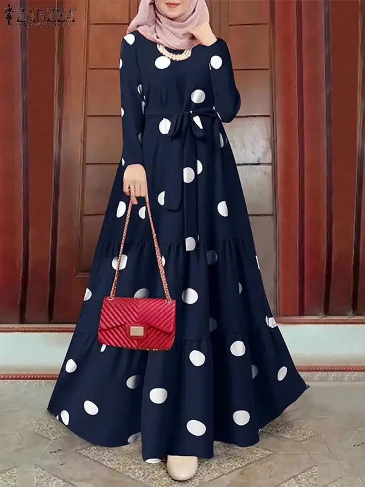 Women's Vintage Polka Dot Abaya Dress - Modest Maxi Hijab Sundress | Dubai Turkey Islamic Clothing