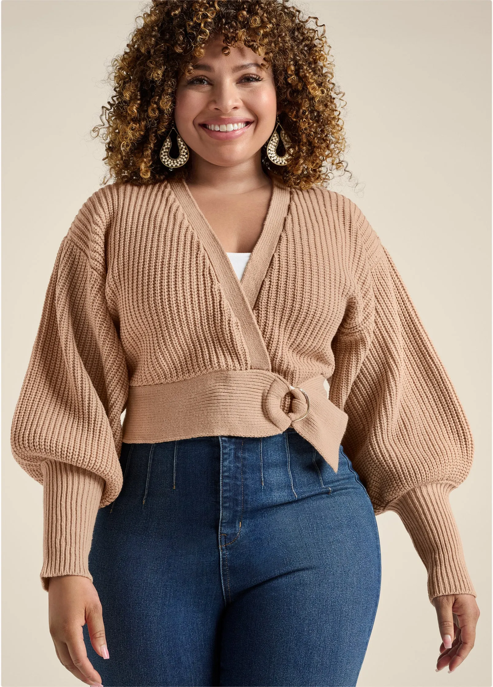 Wrap Balloon Sleeve Sweater - Light Brown