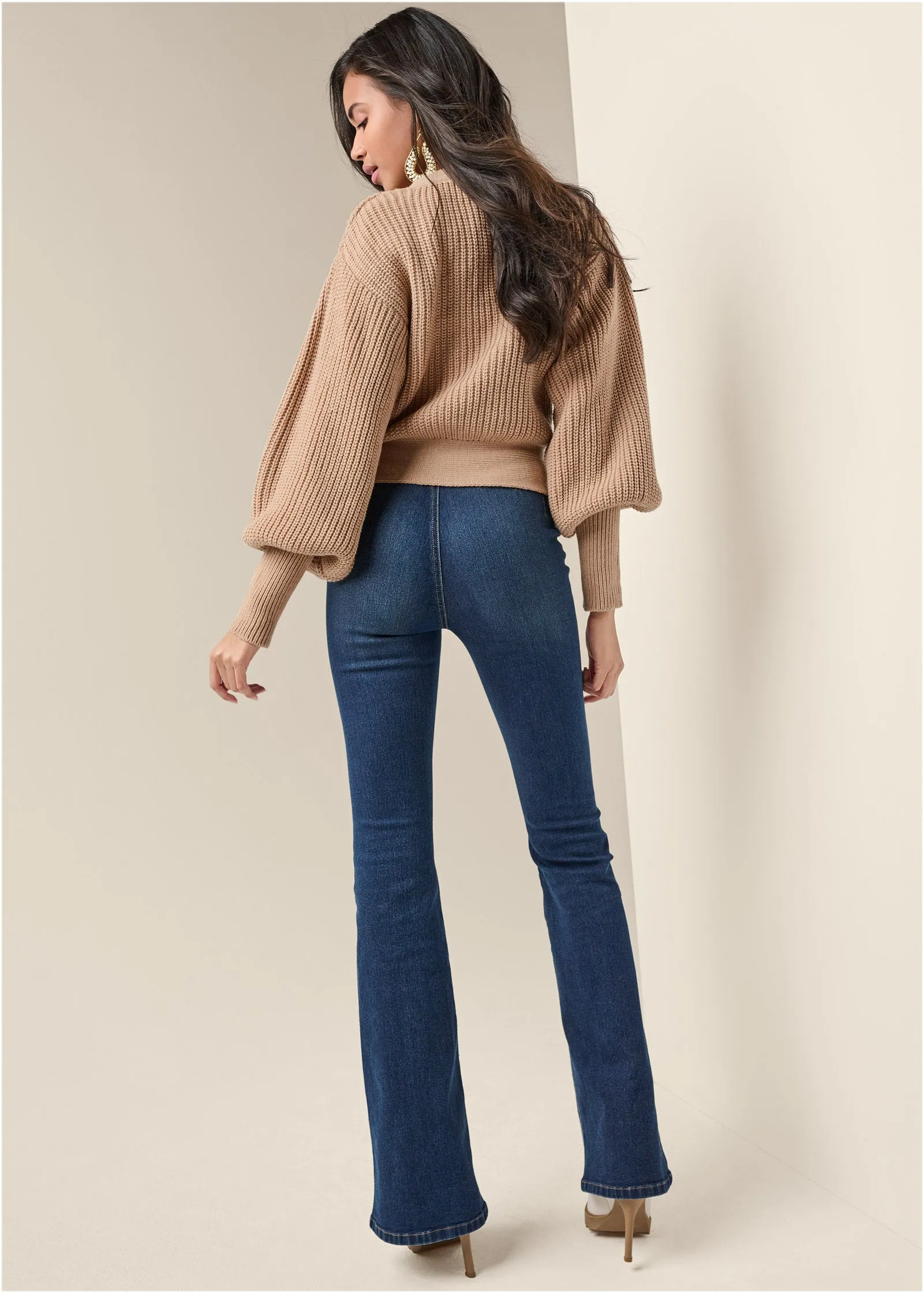 Wrap Balloon Sleeve Sweater - Light Brown