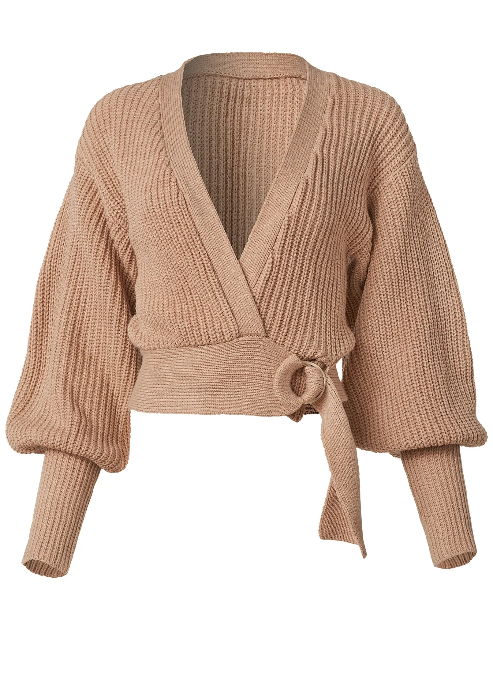 Wrap Balloon Sleeve Sweater - Light Brown