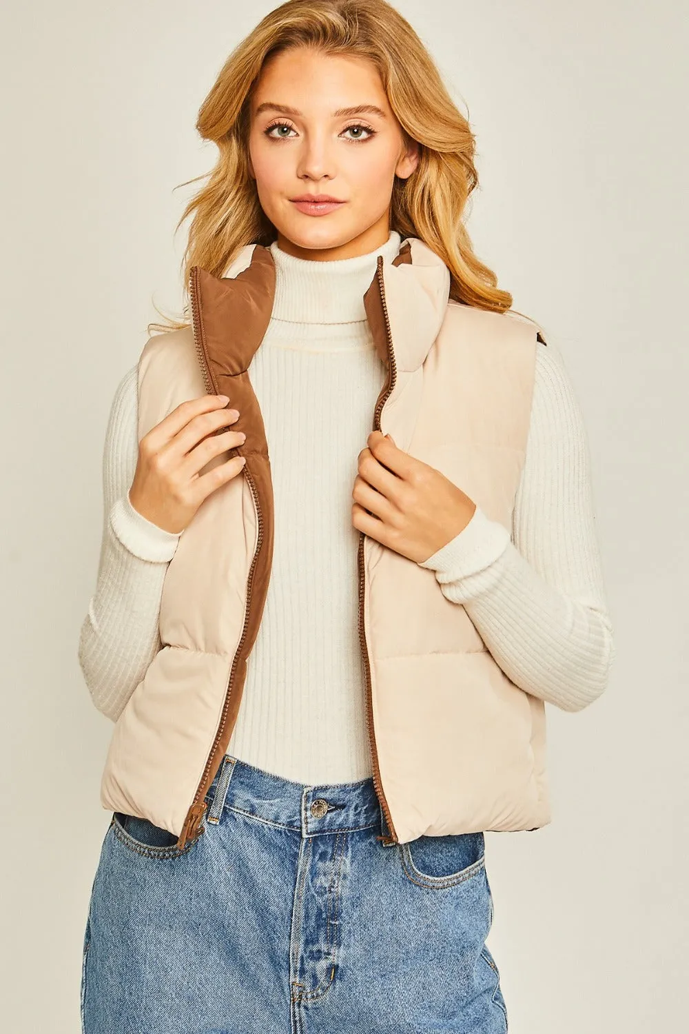 Zip Up Cropped Contrast Reversible Vest